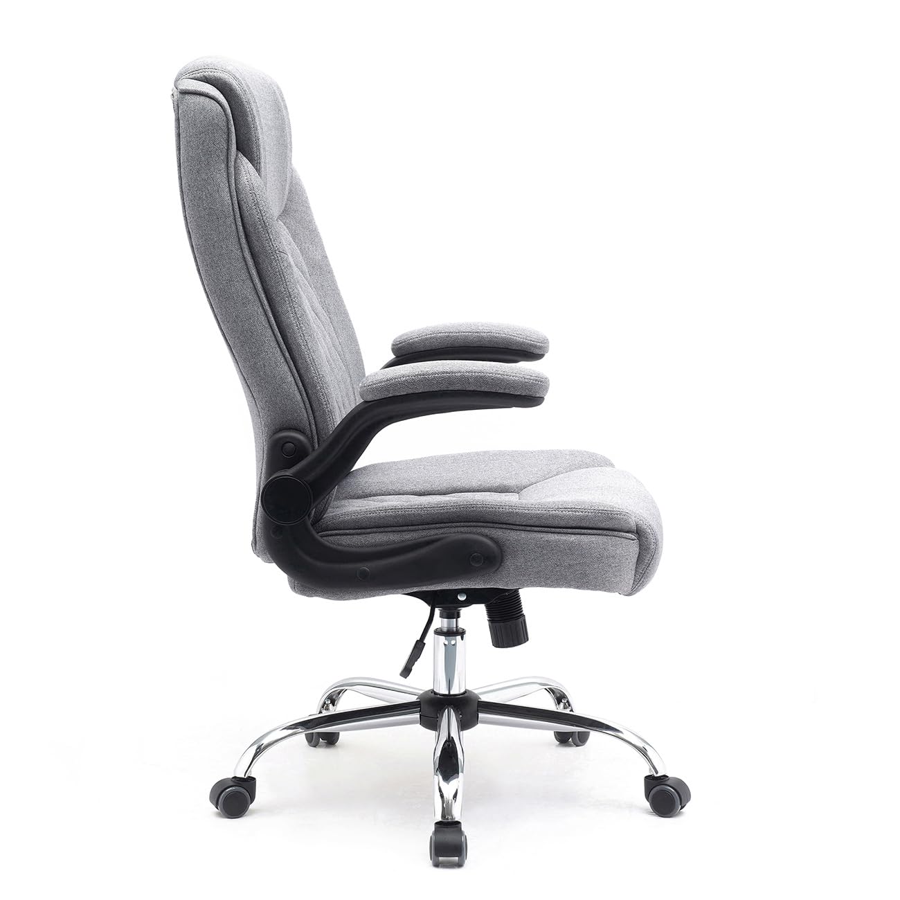 Stoff-Bürostuhl Comfortable, ergonomischer Drehstuhl bis 130 kg, mit klappbaren Armlehnen, Schreibtisch Stuhl mit Hohe Rückenlehne, grau