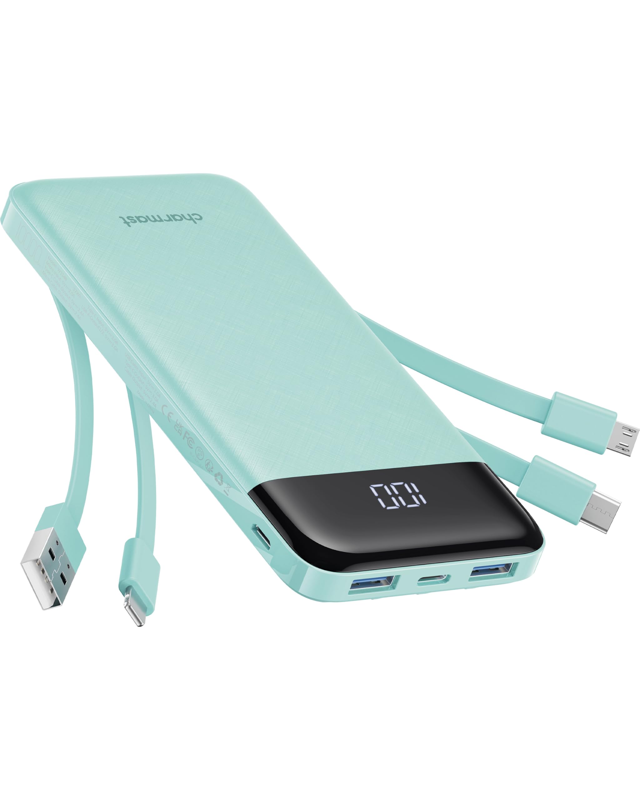 charmast 10000mAh Power Bank Portable Charger with 4 Built-in Cables | Reinforced for Durability,6 Outputs,3A Fast Charge,LED Display,TSA Compliant,Travel Must-Have,for Commuter,College Student