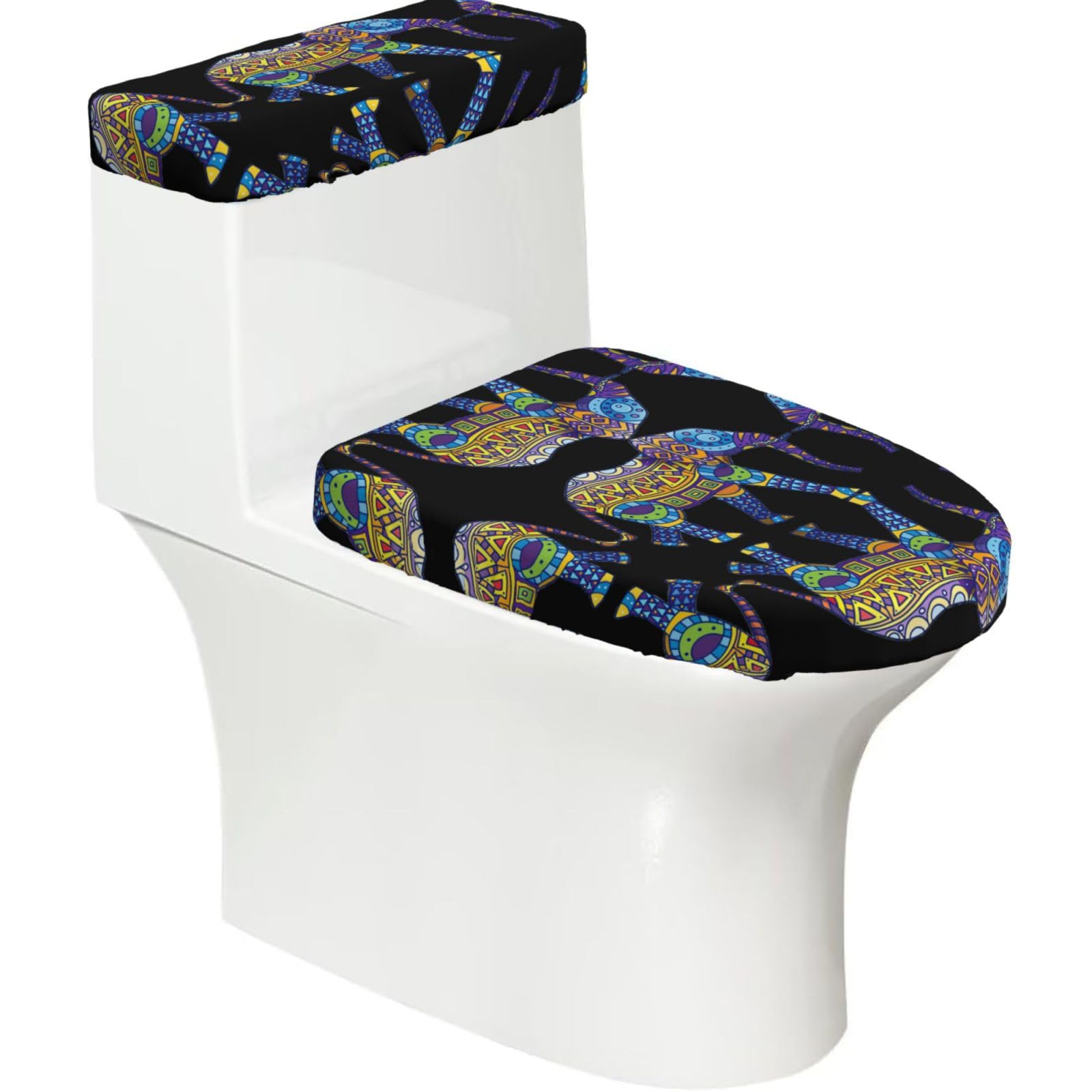 Mrowyc Black Colorful Elephant Printed Toilet Seat Set - Set Of 2 - Universal Toilet Seat Cover - Housewarming Birthday Christmas Gift