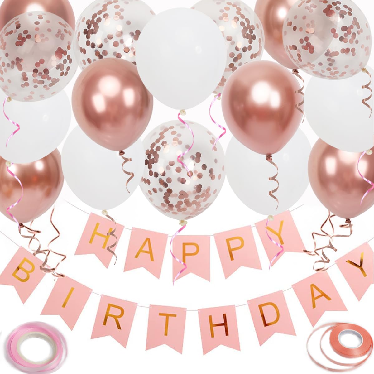 Happy Birthday Banner, Rose Gold Birthday Decoration, 16 pcs 12 inch Happy Birthday Balloons with 2 Ribbons for Girl and Women Birthday Party Decoration