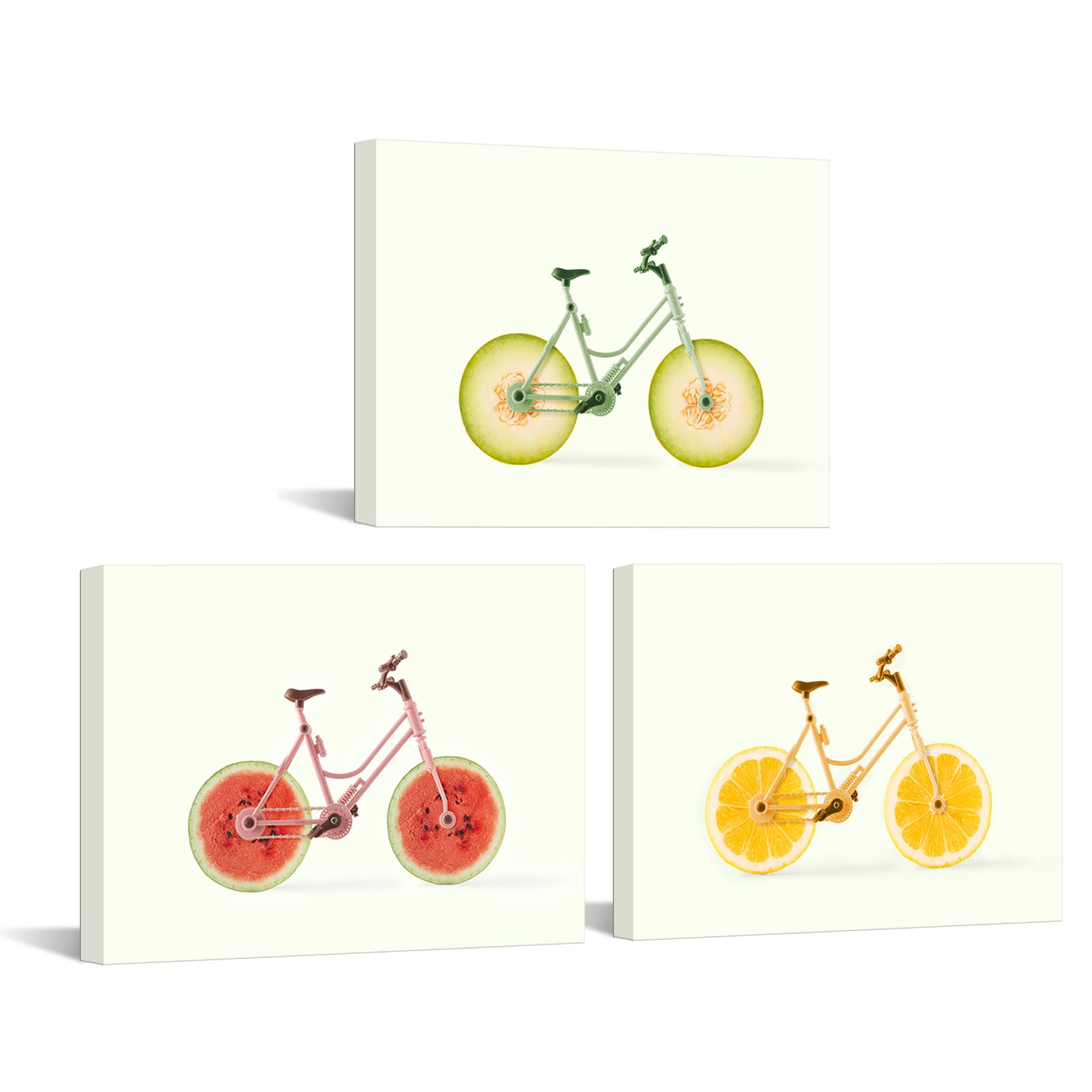iKNOW FOTO 3 Piece Fruits Bike Picture Canvas Wall Art Kitchen Orange Cantaloupe and Watermelon Posters Prints Painting Stretched Framed Giclee Art Print Restaurant Each 12x16 Inches