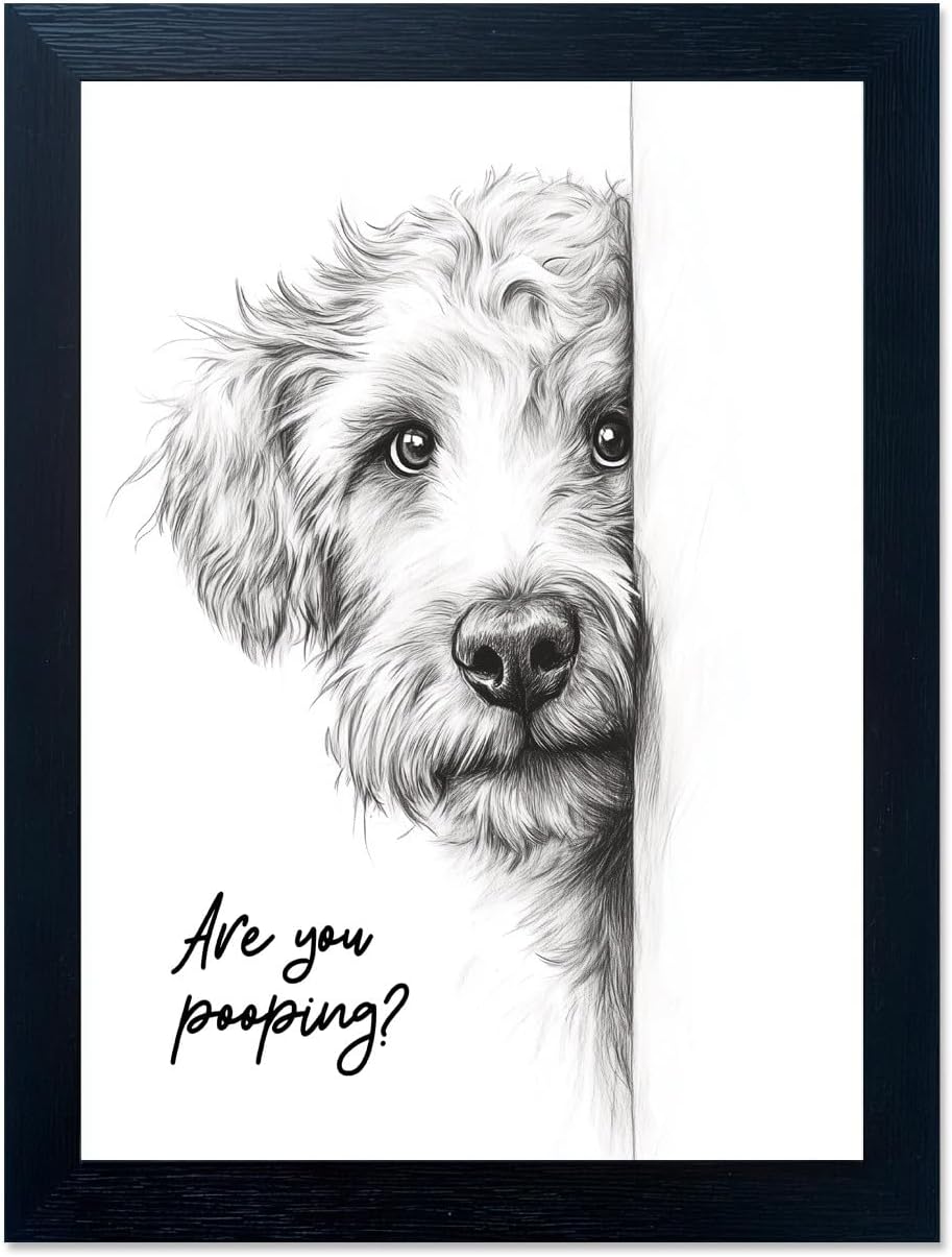 Funny Dog Bathroom Wall Art with Black Frame, Are You Pooping Sign for Farmhouse Restroom Decor, Rustic Humorous Canvas Print Painting Ready to Hang 8"x10"