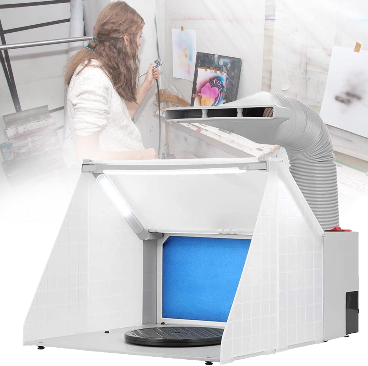 Professional Airbrush Spray Booth,100-240v 25w50/60hz with 3 Led Light Turn Table Large Capacity Portable Paint Spray Booth for Cake Model Airplane Crafts Painting