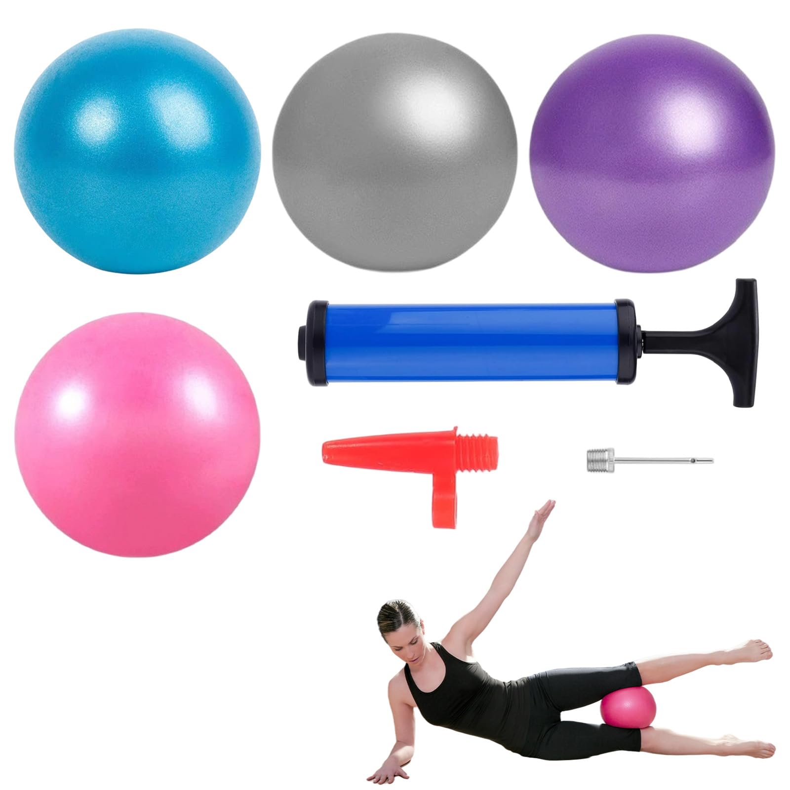 Pelota de yoga de 25 cm, juego de 4 pelotas de pilates mini fitness antideslizante con bomba incluida para entrenamiento en casa, oficina, estiramiento, equilibrio y gimnasia