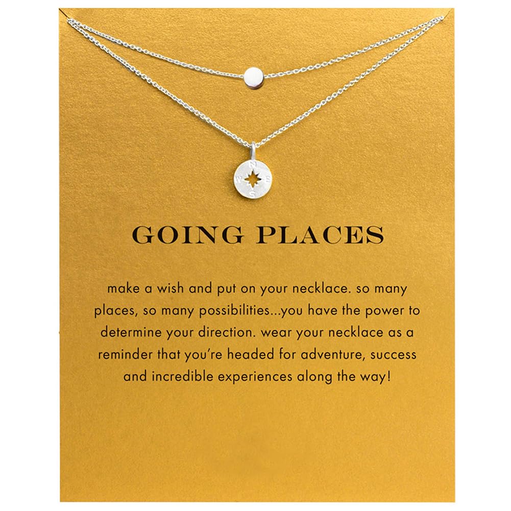 LDQMS Friendship Handmade Compass Necklace Good Luck Elephant Pendant Chain Necklace with Message Card Gift Card