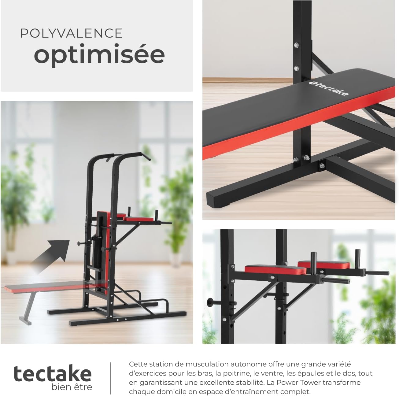Images demonstrating the optimized versatility of the power tower, showing the weight bench being folded, and close-ups of the dip station and barbell supports.