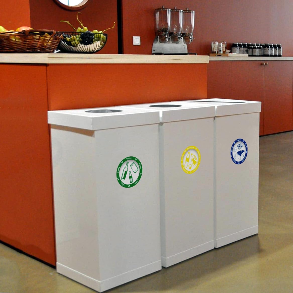 Autocollants d'information - Pictogrammes pour l'organisation du tri sélectif des déchets pour poubelle ou conteneur - 6 stickers ronds - 9,5cm