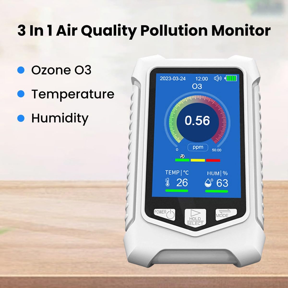 Ozone Meter Detector, Portable Handheld Colorful USB Charging Sensitive Air Quality Pollution Monitor Built in Electrochemical Sensors, Temperature and Humidity Sensors