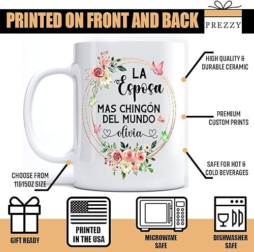 Miniatura 2 de PREZZY La Esposa Mas Chingón Del Mundo - Taza de café personalizada en español Feliz Día de la Madre, regalos para mujeres, mamá, abuela, taza de