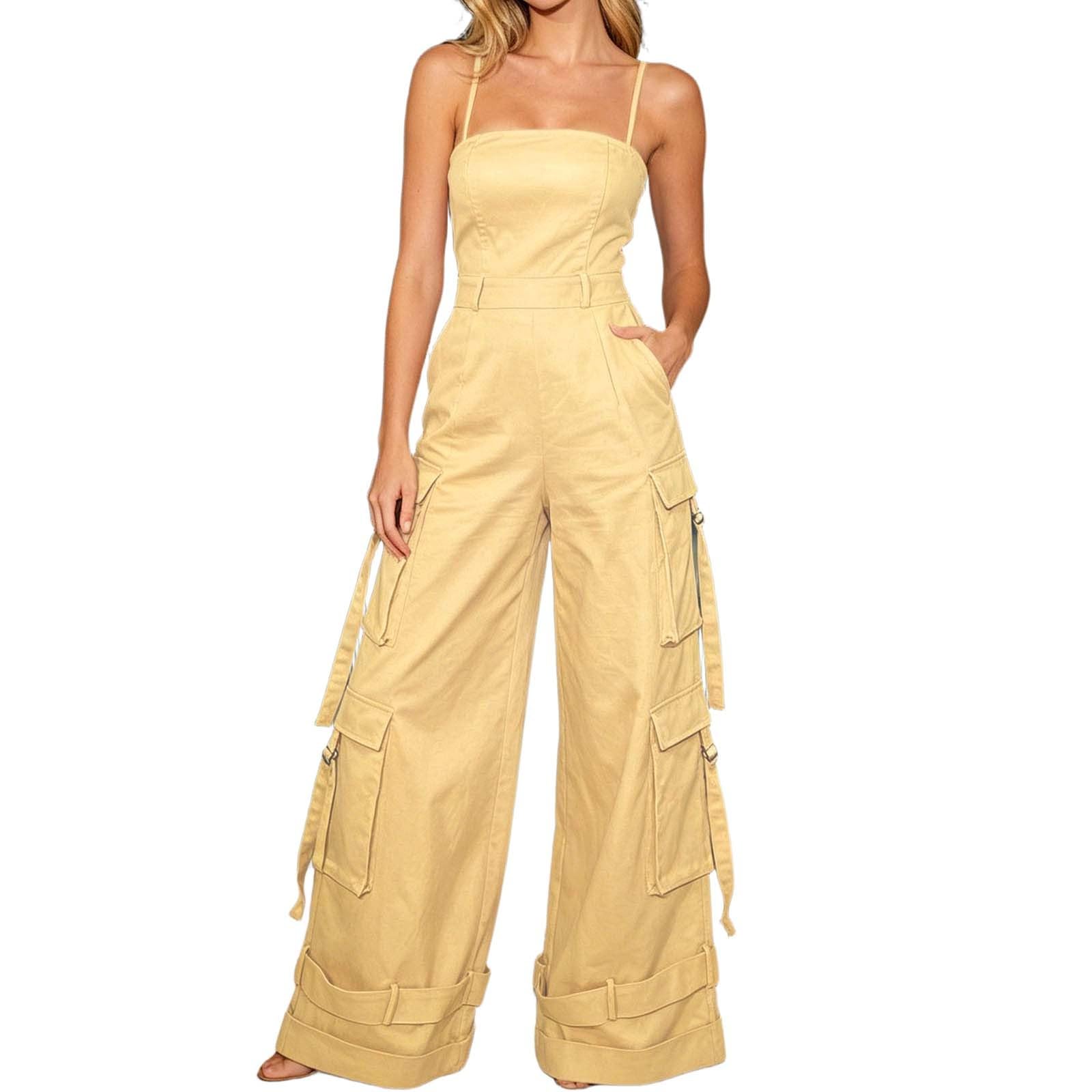 Tuta da donna elegante, estiva, senza maniche, tuta lunga, casual, vestibilità ampia, tuta intera con tasche multiple, per matrimoni, feste, un pezzo