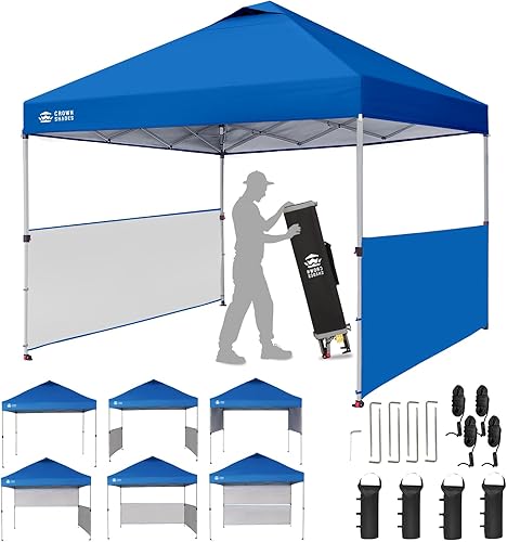 Miniatura 13 de CROWN SHADES Tienda de campaña desplegable de 10 x 10 pies con tela revestida de plata 150D, incluye 2 medias paredes laterales, 4 cuerdas, 8 Azul