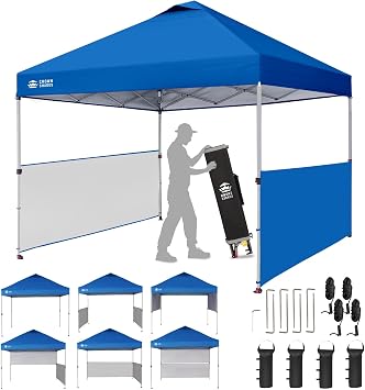 CROWN SHADES Canopy Tent, 10 x 10 Foot Portable Pop Up Outdoor Shelter with 2 Half Sidewalls, 1 Push Center Lock, UV Protection, and Carry Bag, Blue
