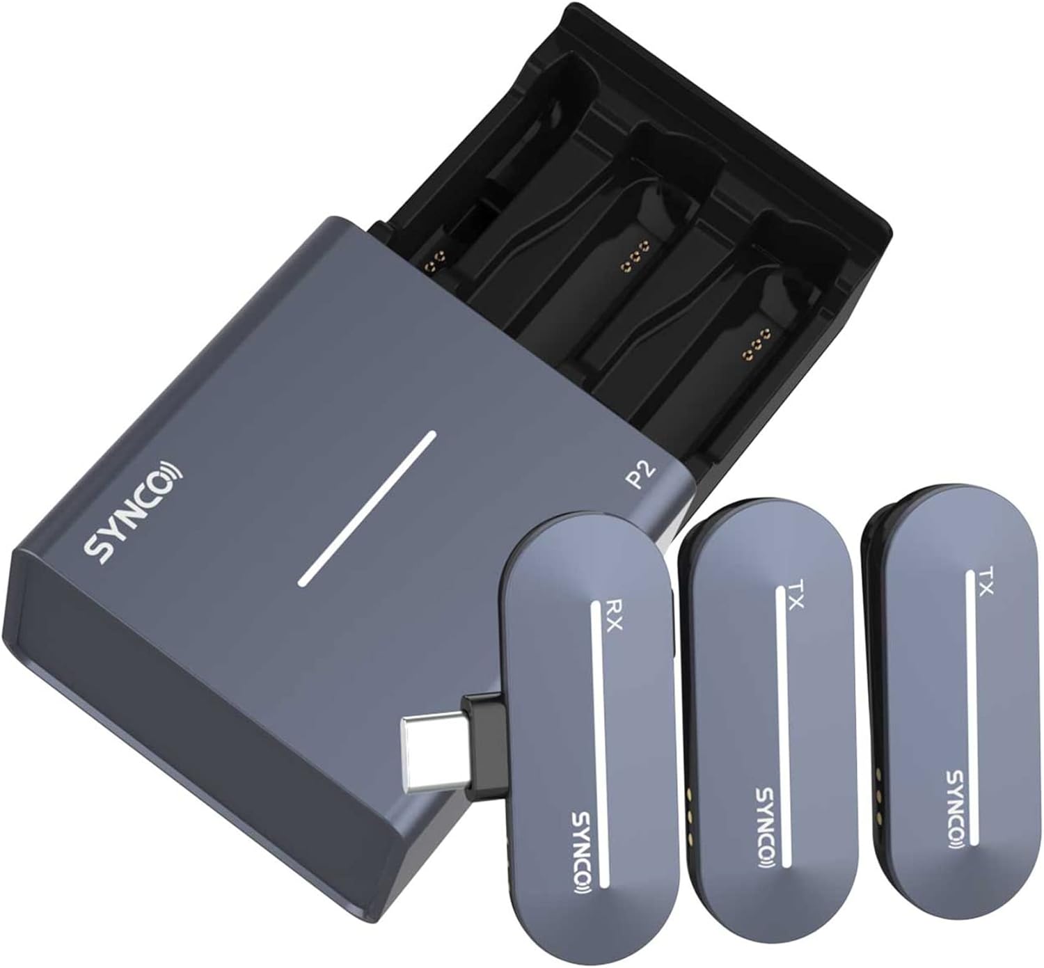 SYNCO P2ST Dual Wireless Microphone System with charging case, two transmitters, and one receiver