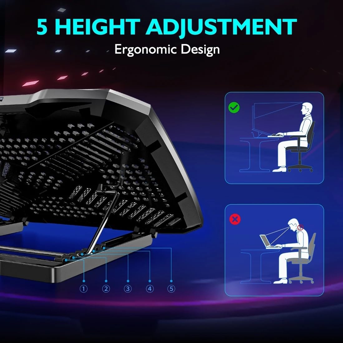 Laptop Cooler podstawka pod laptopa Podkładka chłodząca do laptopa 5 dużych wentylatorów do 10-17-calowej chłodziarki do notebooka do gier, z 5 regulacją wysokości, 2 portami USB