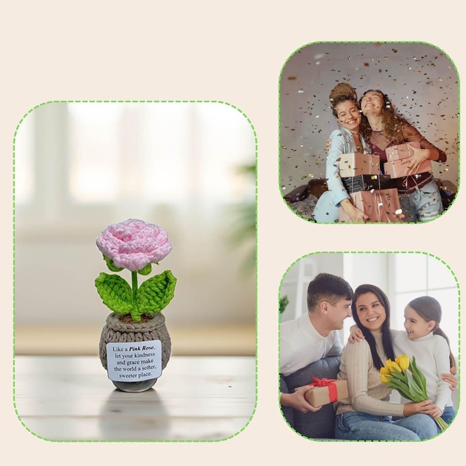 Handmade Crochet Flower Pots with Card | Decor, Gift, Appreciation for Women, Best Friends, Teachers, Coworkers | Perfect for Birthday, Christmas, Mother’s Day, Special Occasions (Pink Rose)