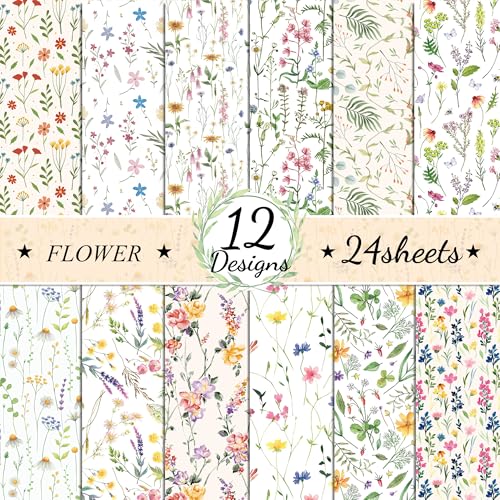 Floral Pattern Paper Packs, 24 Sheets/12 Designs Double Sided Craft Paper, Watercolor Spring Flower Cardstocks, Colorful Decorative Journal Scrapbooking Supplies, Acid & Lignin Free, 11.8x11.8