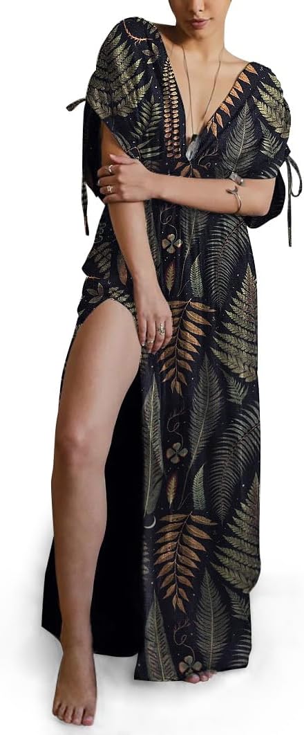 WaveHills Women's Tropical Fern Print Maxi Dress Deep V-Neck Casual Cozy Vacation Slit Sundress