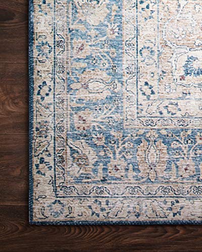 Loloi Layla Collection LAY-07 Blue/Tangerine 5'-0" x 7'-6" .13" Thick Area Rug, Soft, Durable, Vintage Inspired, Distressed, Low Pile, Non-Shedding, Easy Clean, Printed, Living Room Rug