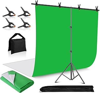 MSKIRA White Green Screen Backdrop with Stand 6.5 X 6.5ft Portable T-Shape Photo Backdrop Stand with 2-IN-1 10 X 6ft Reversible White & Greenscreen Background, 4 Spring Clamps, Sandbag, Carry Bag