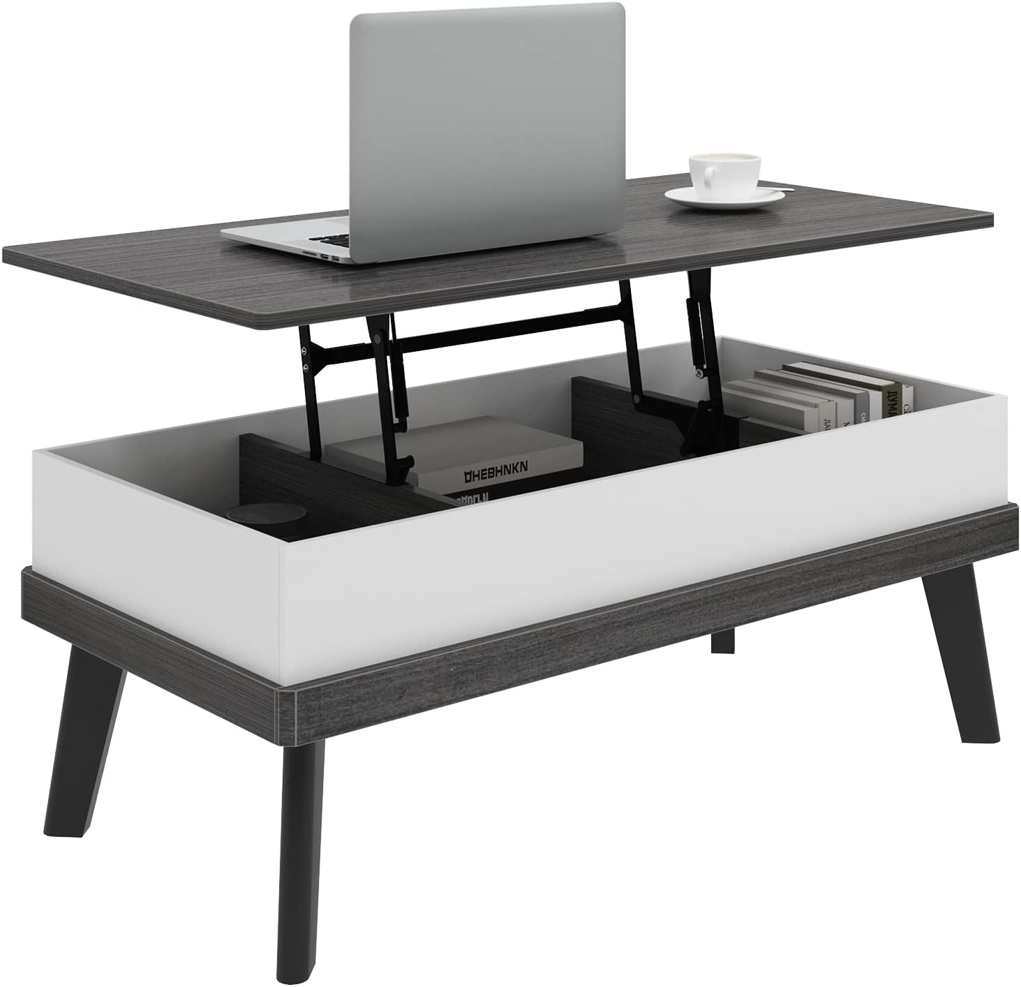soges Coffee Table, Grey Wooden Lift Tabletop with Hidden