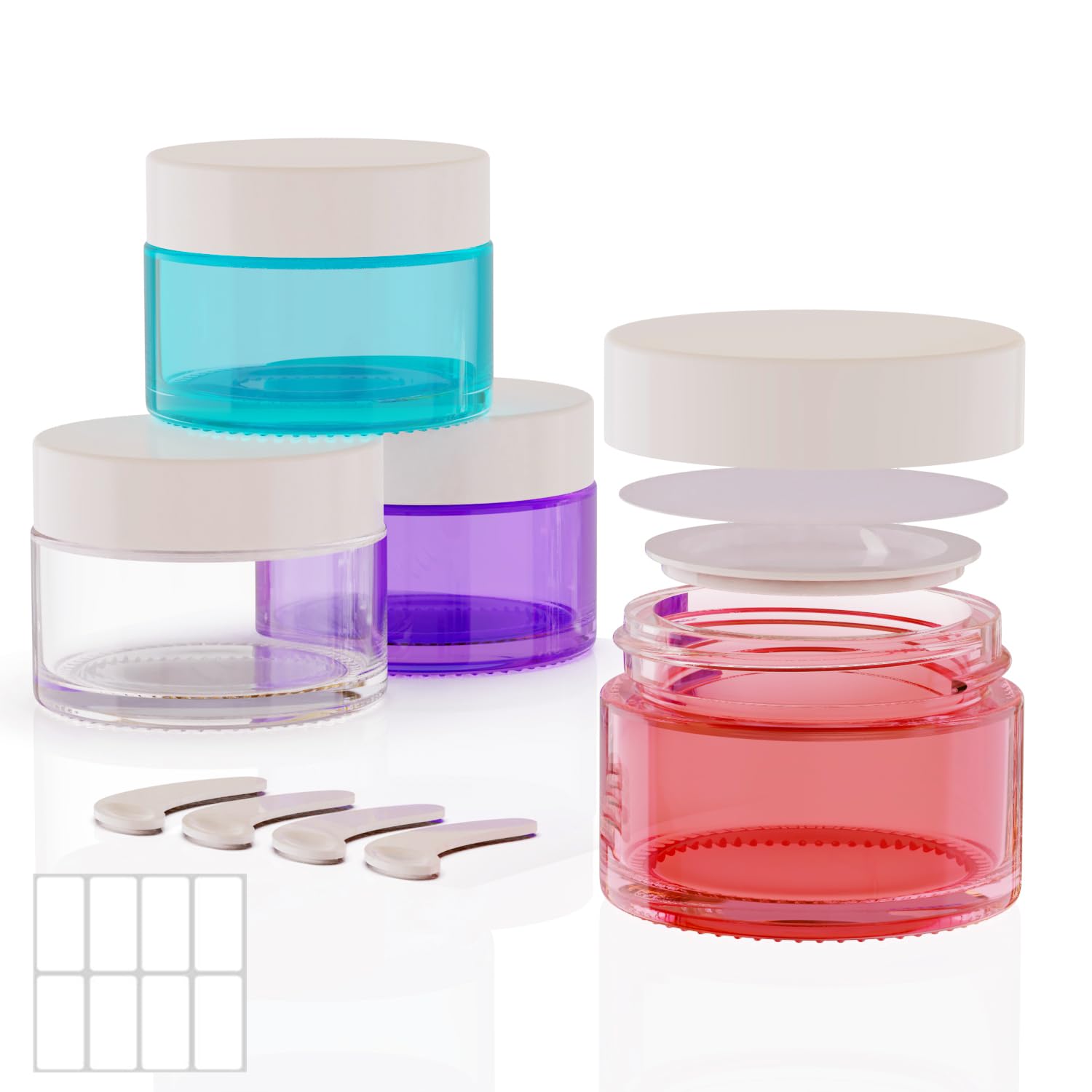 4Pack 1 oz, Small Colored Glass Cosmetic Candle Jars with White Lids, Empty Refillable Travel Container For Cream,Lotions, Powders,Salves,Slime Storage,With Lables And Inner Liners (4, mixed)