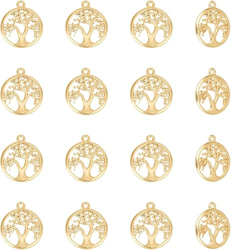 16 dijes de árbol de la vida chapados en oro de 18 quilates, 0.591 in, dije hueco redondo plano para manualidades, pulseras, collares, llaveros,