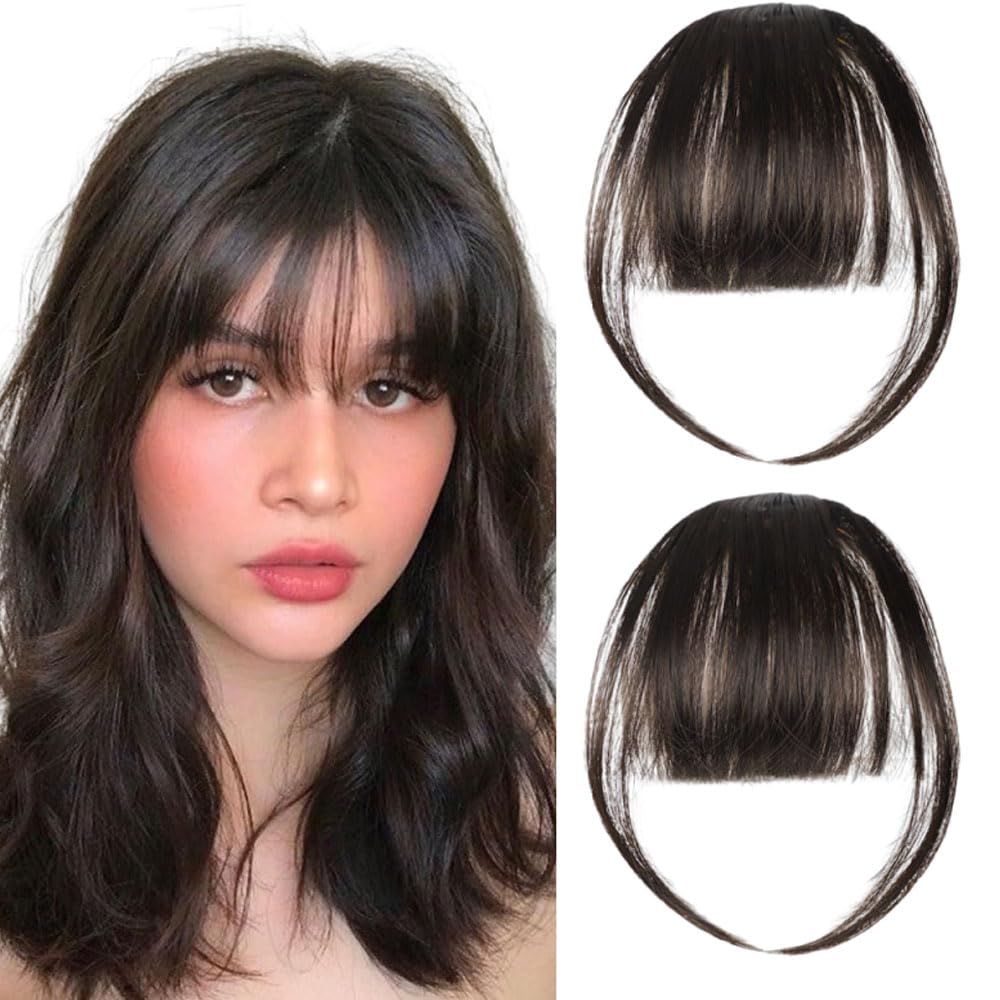 Goodern 2 PCS Clip in Air Bangs Hair,Natural Flat Neat Bangs Clip in Hair Hairpiece Bangs Clip with Temples One-Piece Hair Extensions Clip Women Girl Synthetic Bangs Hair Clip for Daily Wear-Brown