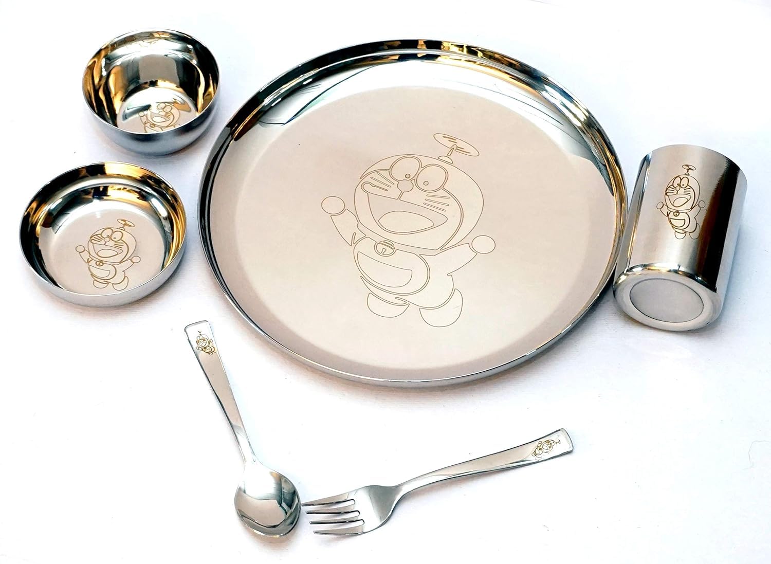 f studio laser print stainless steel round lunch & dinner set for kids dinner plate cartoon - (6 piece set) (doraemon)
