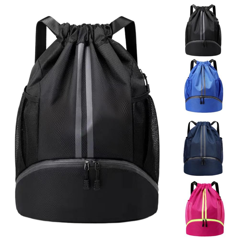 Arae Drawstring Backpack Gym bag with Shoe Compartment & Wet-Proof Pocket Sports Bag for Basketball, Soccer, Swim Travel (Striped Black) — image 1