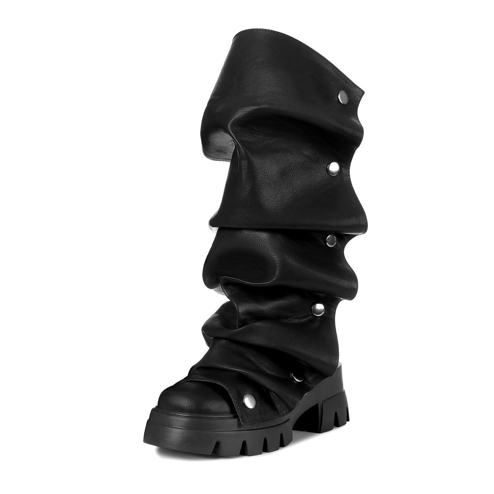 Mid Calf Boots For Women Fold Over Slouchy Platform Dress Chunky Stacked Round Toe Glitter Metallic Boots