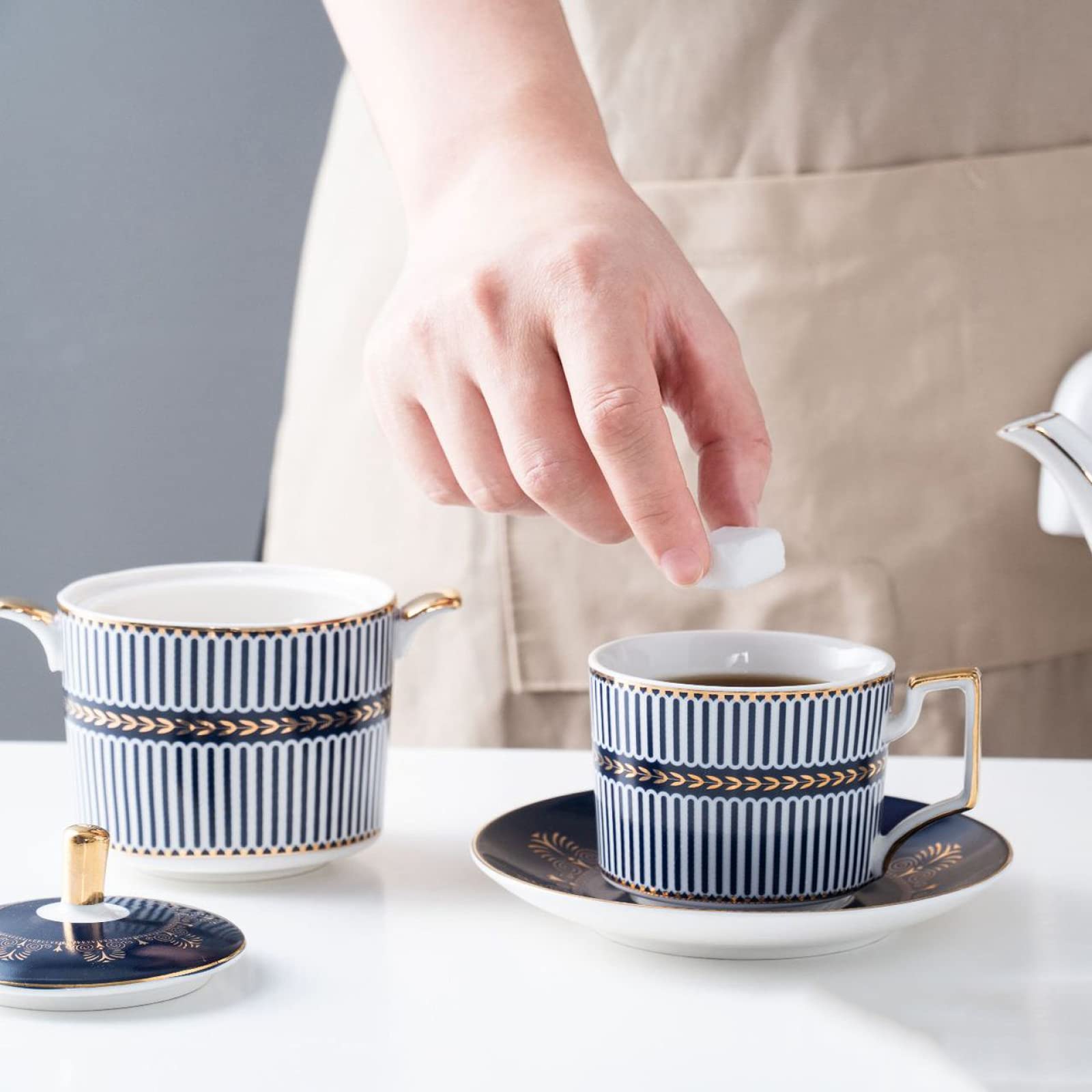 zestaw do herbaty, 11 szt. Porcelanowy zestaw do herbaty Zestawy filiżanek i spodków kawy Zestaw Serwis herbaciany Niebieskie paski Czajniczek, Cukiernica, Dzbanek śmietanki