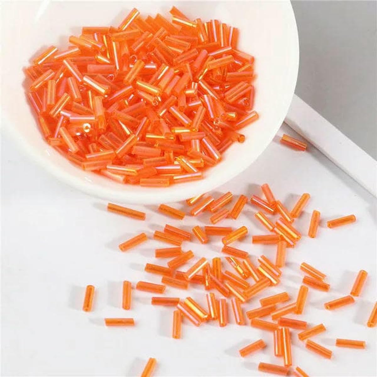 Iggll Women's Ab Orange Tube Spacer Beads,Glass Bugle Tube Beads,200Pcs/10G/Bag Transparent Glass Tube Beads 2 * 6Mm Silver Core Glass Seed Bugle Beads Embroidery Jewelry Diy Garment Accessories(Ab Orange)