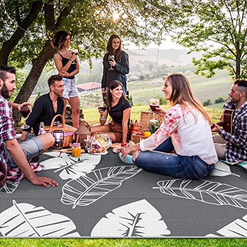 Genimo Outdoor Rug 8'X10' For Patios Clearance, Plastic Straw Waterproof Carpet, Reversible Tropical Outdoor Decor Area Rugs, Camping Mats Are Suitable For Rv, Deck, Garden, Porch, White & Grey #TOP3