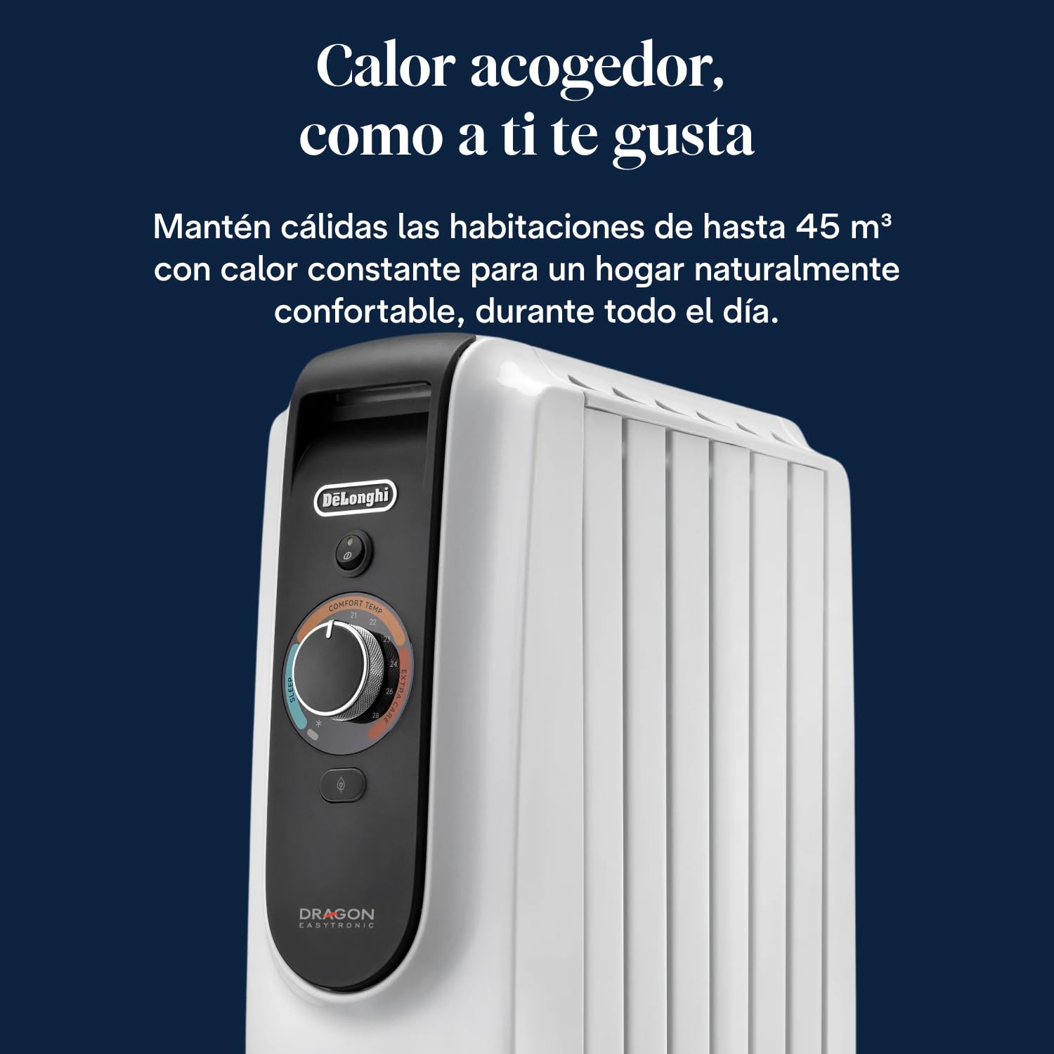 De'Longhi Dragon EasyTronic – Radiador de Aceite para Estancias hasta 45 m³, Calefactor Eléctrico con Termostato de Seguridad, 6 Aletas, Calefacción con 12 Niveles, Portátil, 1500W, Blanco (TRD50615)