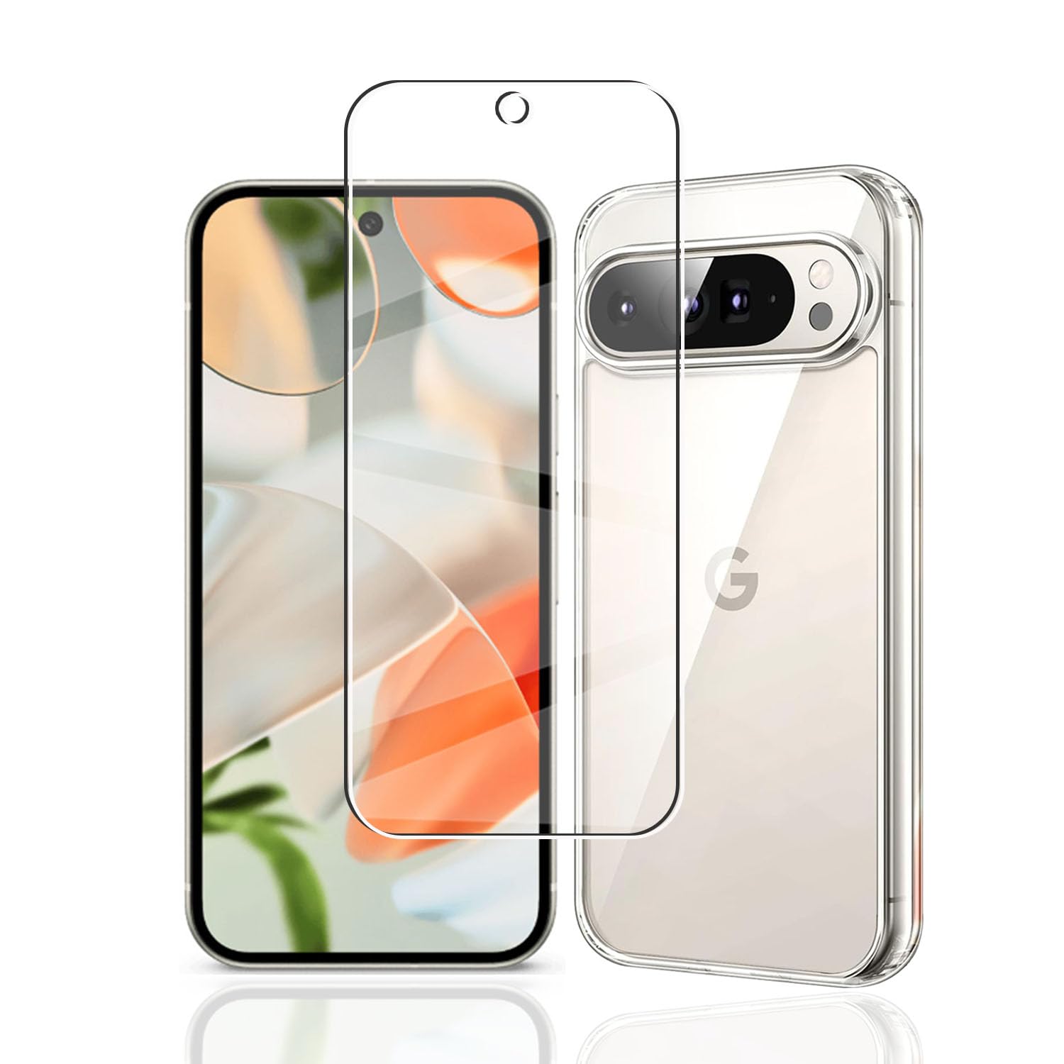 対応 Google Pixel 9 Pro ケース + ガラスフィルム Pixel 9 PROカバー柔軟 TPU 全透明 軽量 衝撃吸収 傷つけ防止 携帯便利 滑り止め 散熱加工 黄変しにくい 【旭硝子素材製】 硬度9H 高透過率 飛散防止 自动吸着 【1+1枚セット】