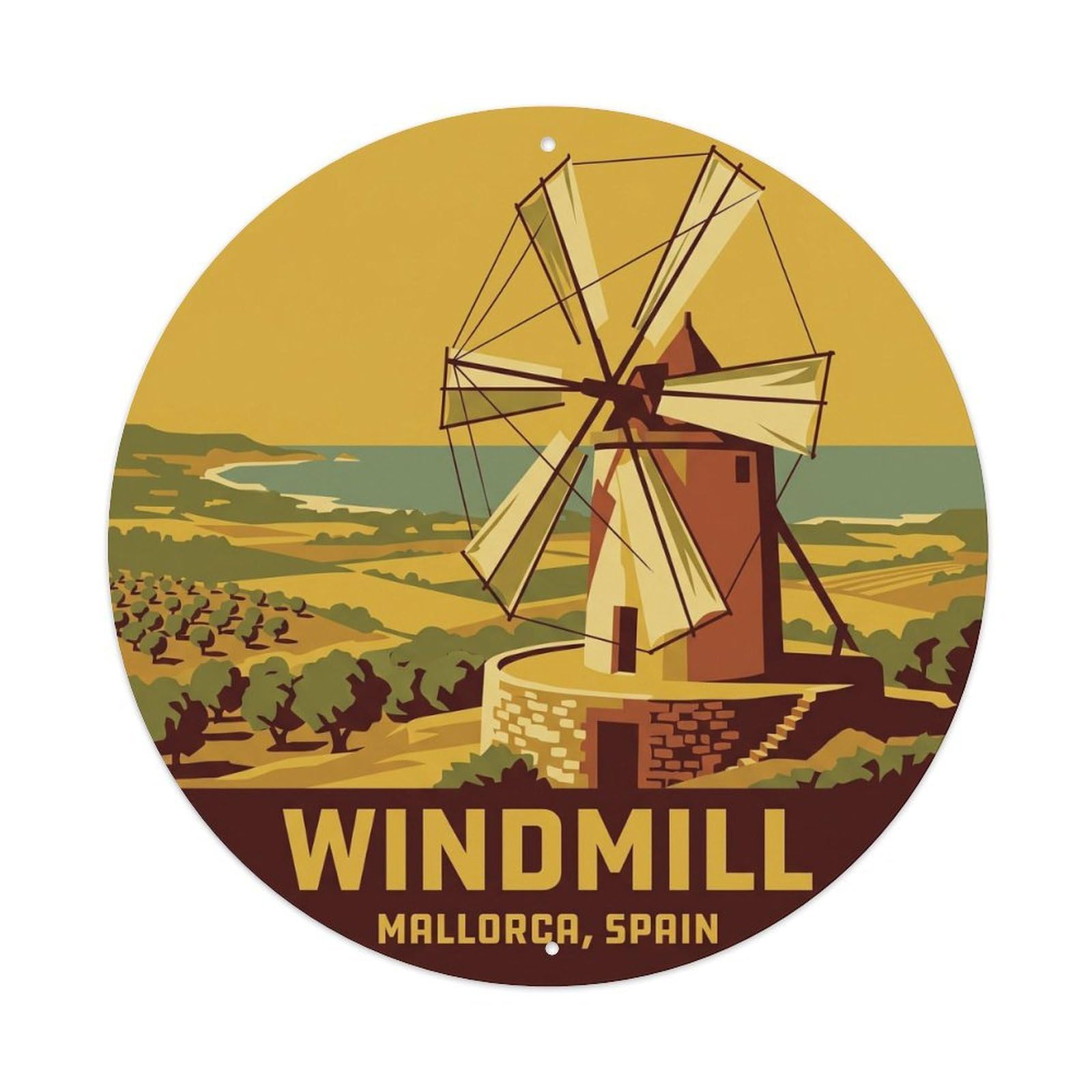 Olyhtr 8X8inch Classic Style Windmill Mallorca Mediterranean Countryside Metal Tin Sign