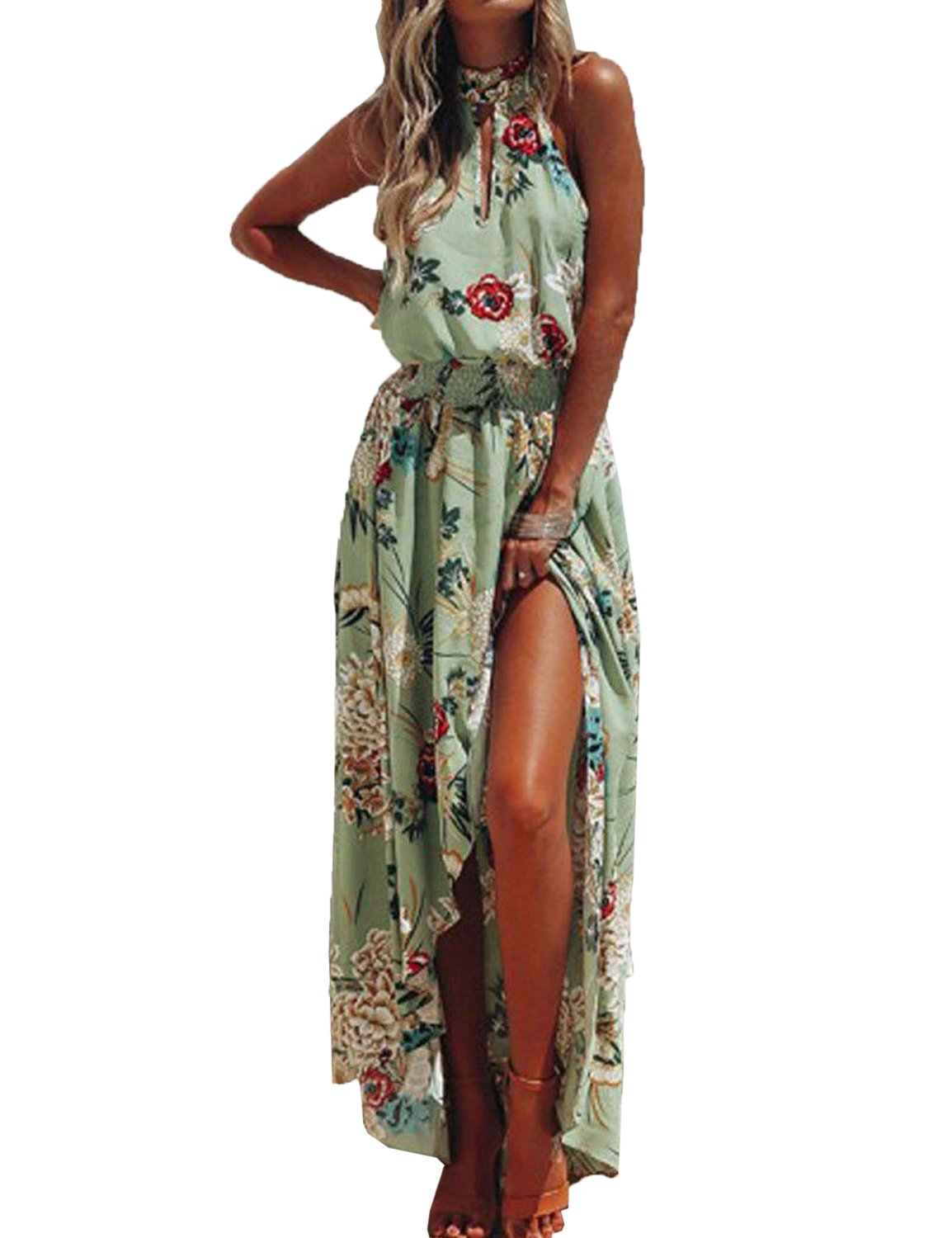 chuangminghangqi Vestido de fiesta para mujer, diseño de flores, vestido de noche, largo de verano, sin mangas, con bandas, estampado de fiestas, ceremonias
