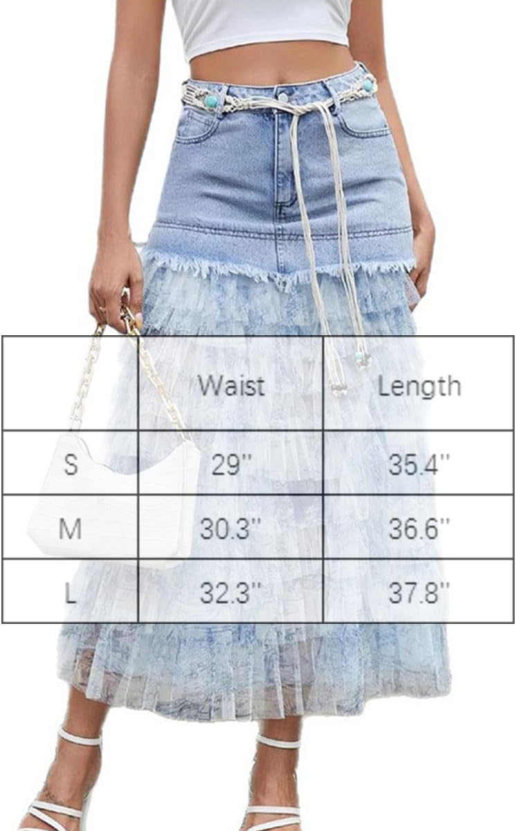 Ypser Boho Long Denim Skirt Tiered Ruffle Mesh Tulle Patchwork Midi Jean Skirts - Image 6