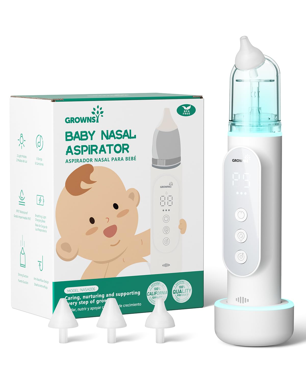 GROWNSY Nasal Aspirator for Baby, Upgraded 5 Suction Levels Baby Nose Sucker, IPX7 Waterproof Electric Nose Suction for Baby, Booger Sucker for Toddlers with Automatic Cleaning &Music &Light FunctionsClimatePartner certified