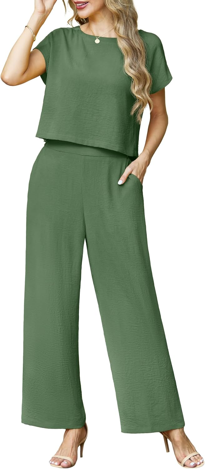 Lepunuo 2 Piece Sets for Women Summer Cap Sleeve Crop Top Wide Leg Pants Matching Lounge Set Vacation Beach Travel Outfits