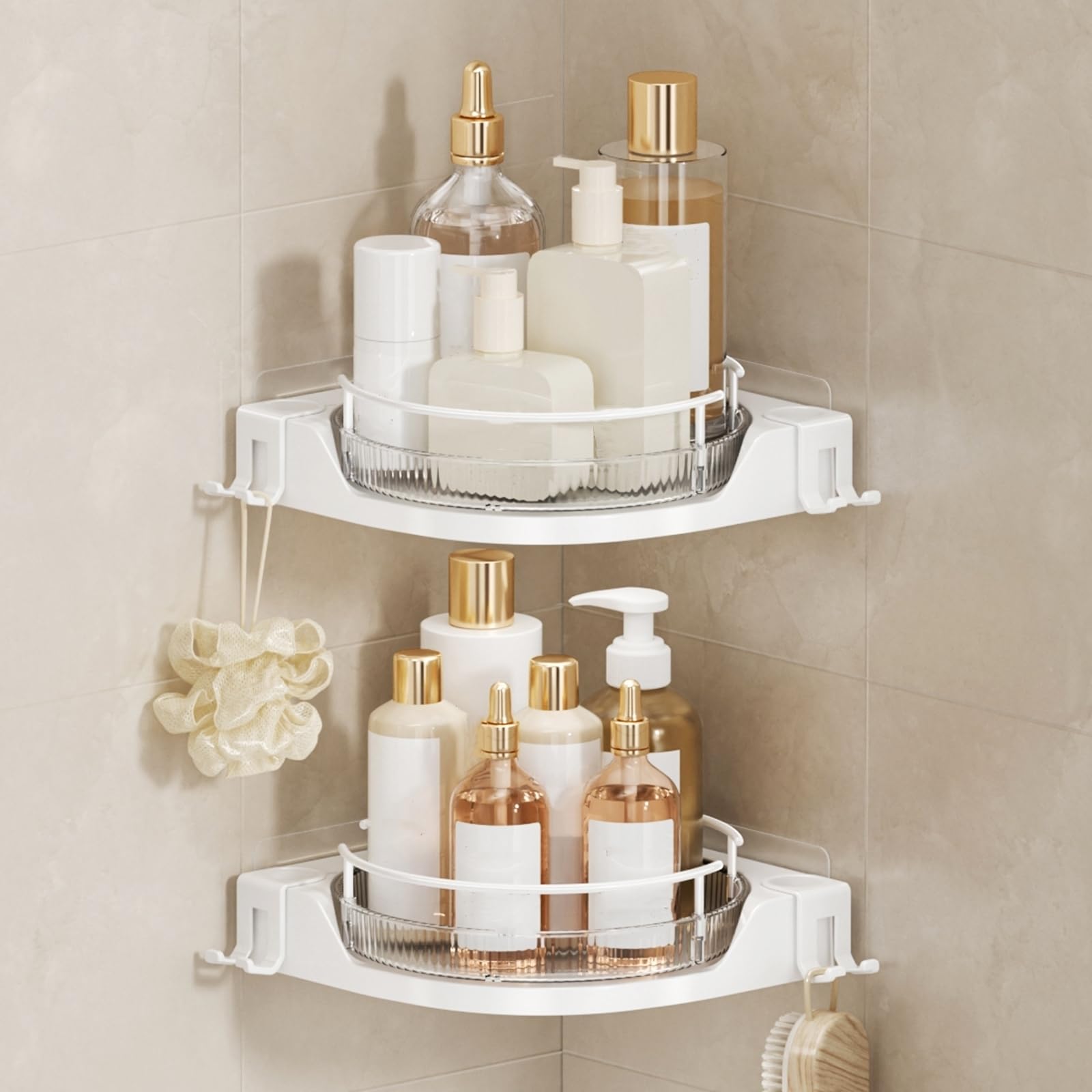 Oifecsie 360 Rotating Corner Shower Caddy 2-Pack - Lazy Susan Bathroom Organizer with Hooks No-Drill Adhesive Mount for