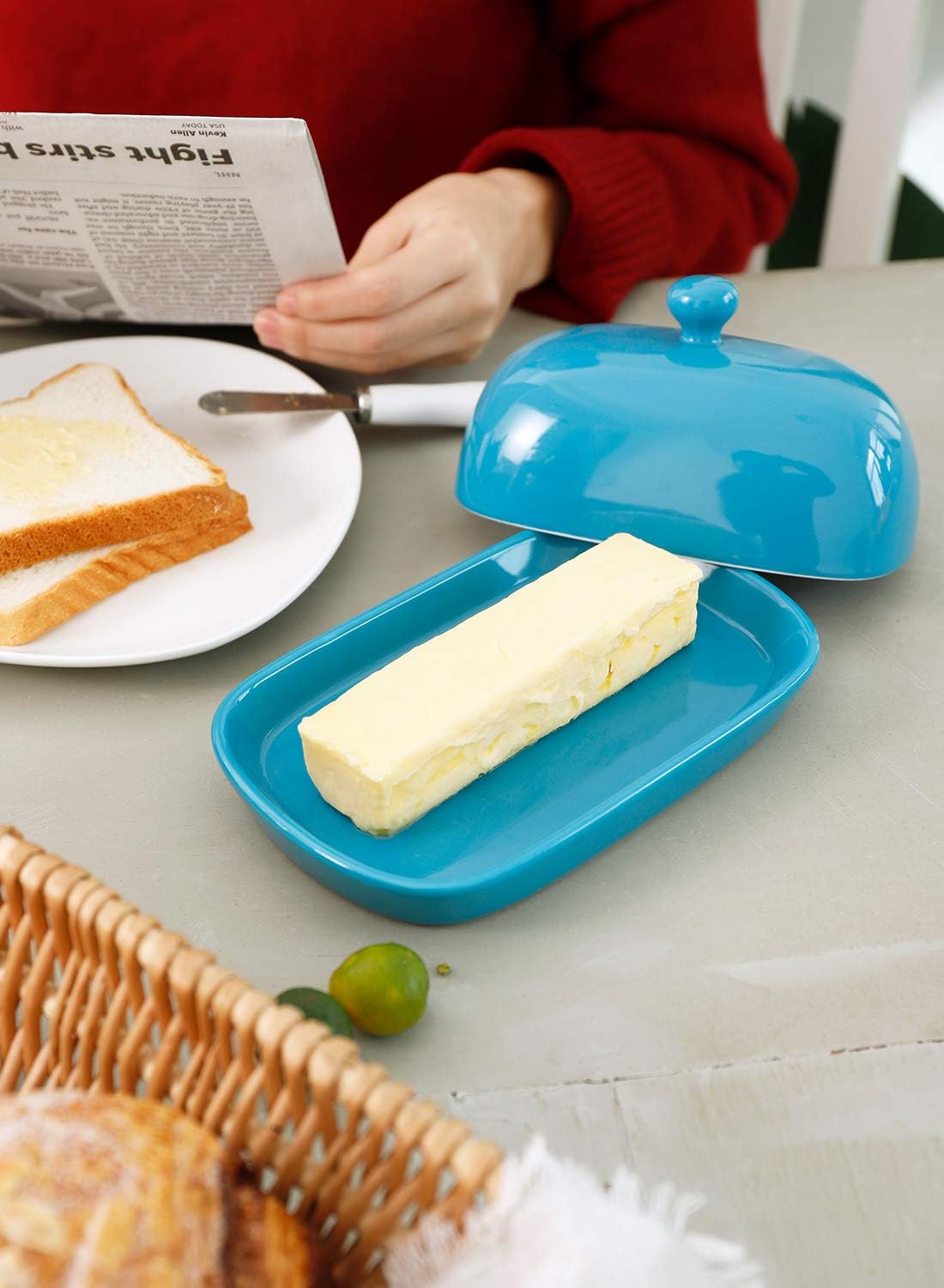 Sweese 306.107 Porcelain Cute Butter Dish with Lid, Perfect for East / West Butter, Steel Blue