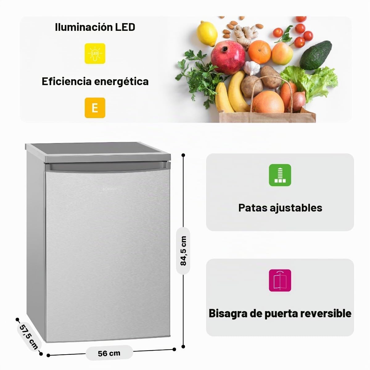 Bomann Nevera 133L acero inoxidable VS2185-1-inox, Capacidad neta: 133 litros, Iluminación interior LED, Control de temperatura continuo, 3 estantes de vidrio
