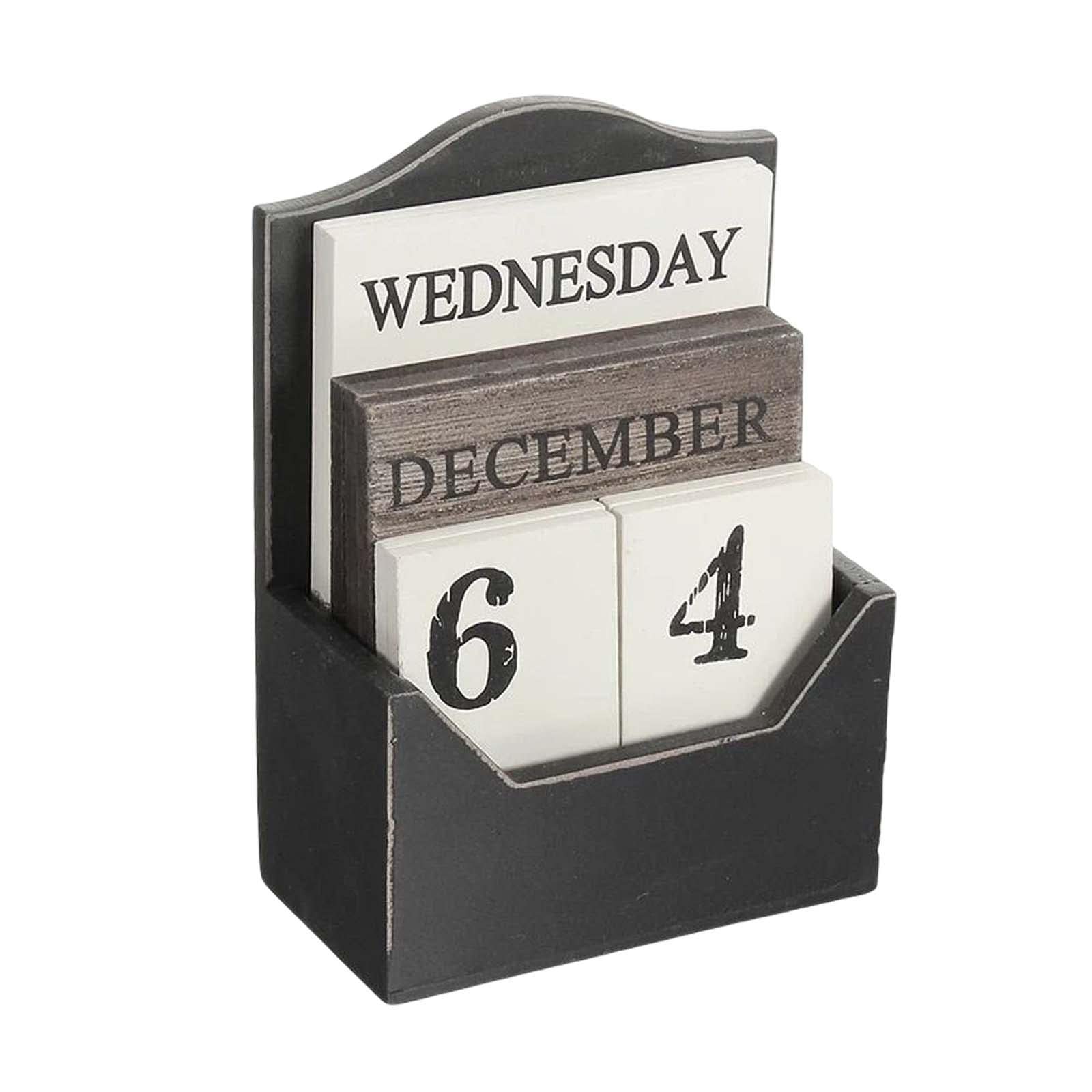 Wooden Perpetual Calendar Rustic Desk Calendar Vintage Block Calendar Montessori Learning Tool Home Office Decor 3.94x2.17x5.91inch- Black