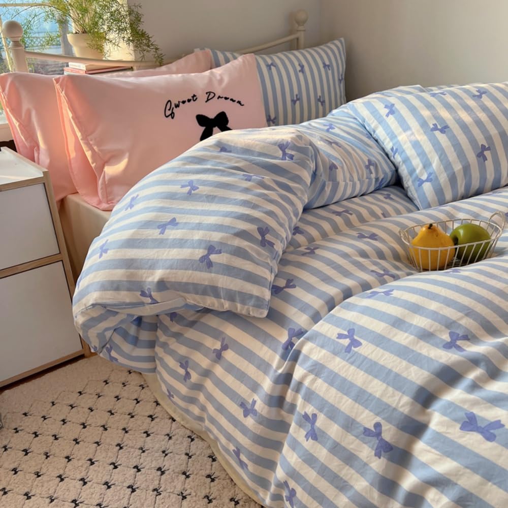 Covebett Blue Duvet Cover Single Blue White Striped and Bows Pattern Kawaii Bedding Set Kids Girls Aesthetic Microfiber Comforter Quilt Cover 135x200 cm with Zipper Closure and 1 Pillowcase 50x75 cm โ image 1