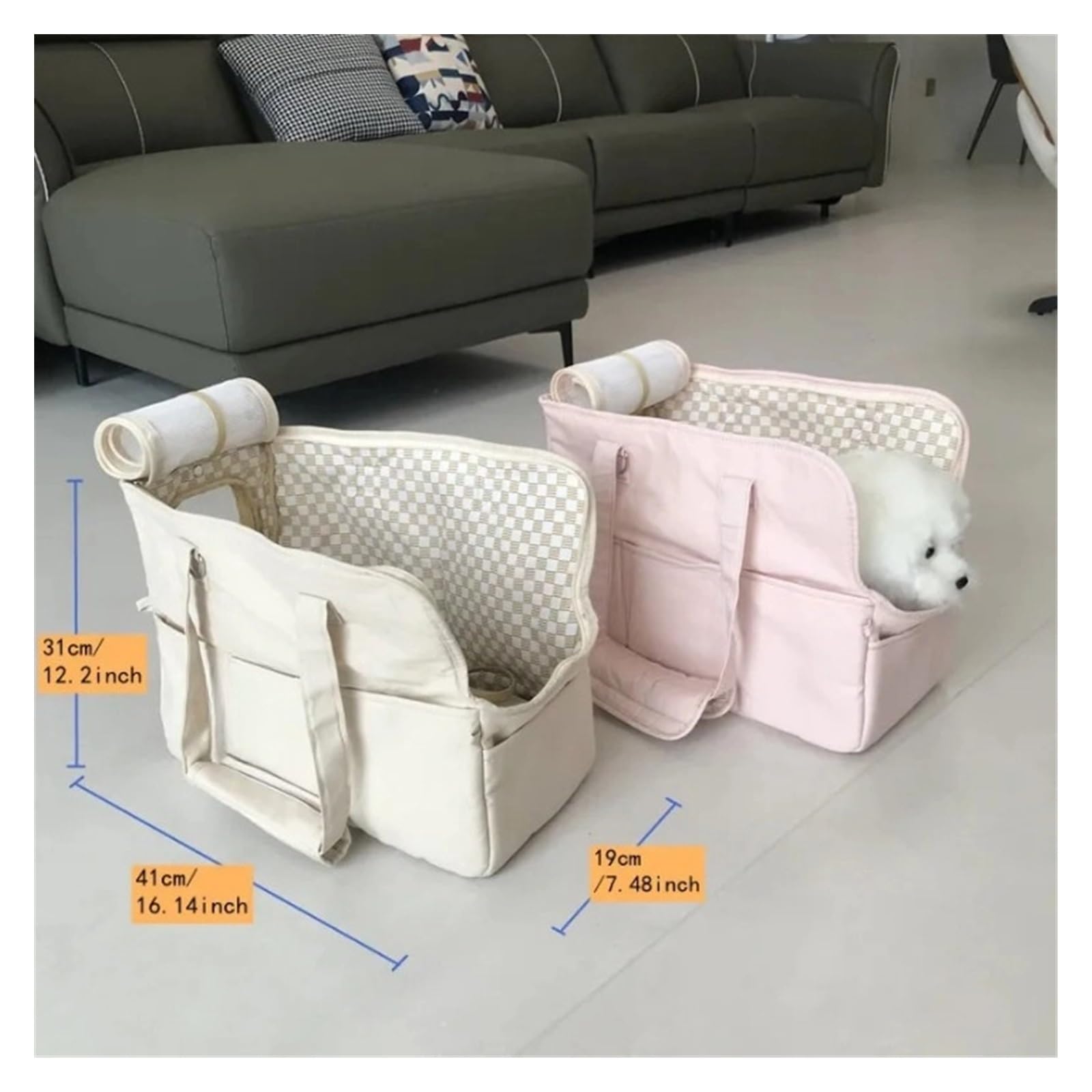 Bolsa portátil de lona para perros, bolsa de hombro para mascotas, gato, asiento de coche, cama, cinturón de seguridad, suministros para perros chihuahua (S8601 beige)
