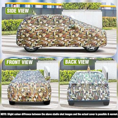 Image of for Maruti Baleno Car Cover for All Weather Protection with 100% Waterproof, Mirror Pockets, Soft Lining, Triple Stitched, Adjustable Belt and Bottom Elastic to Secure Fit (Army Print)