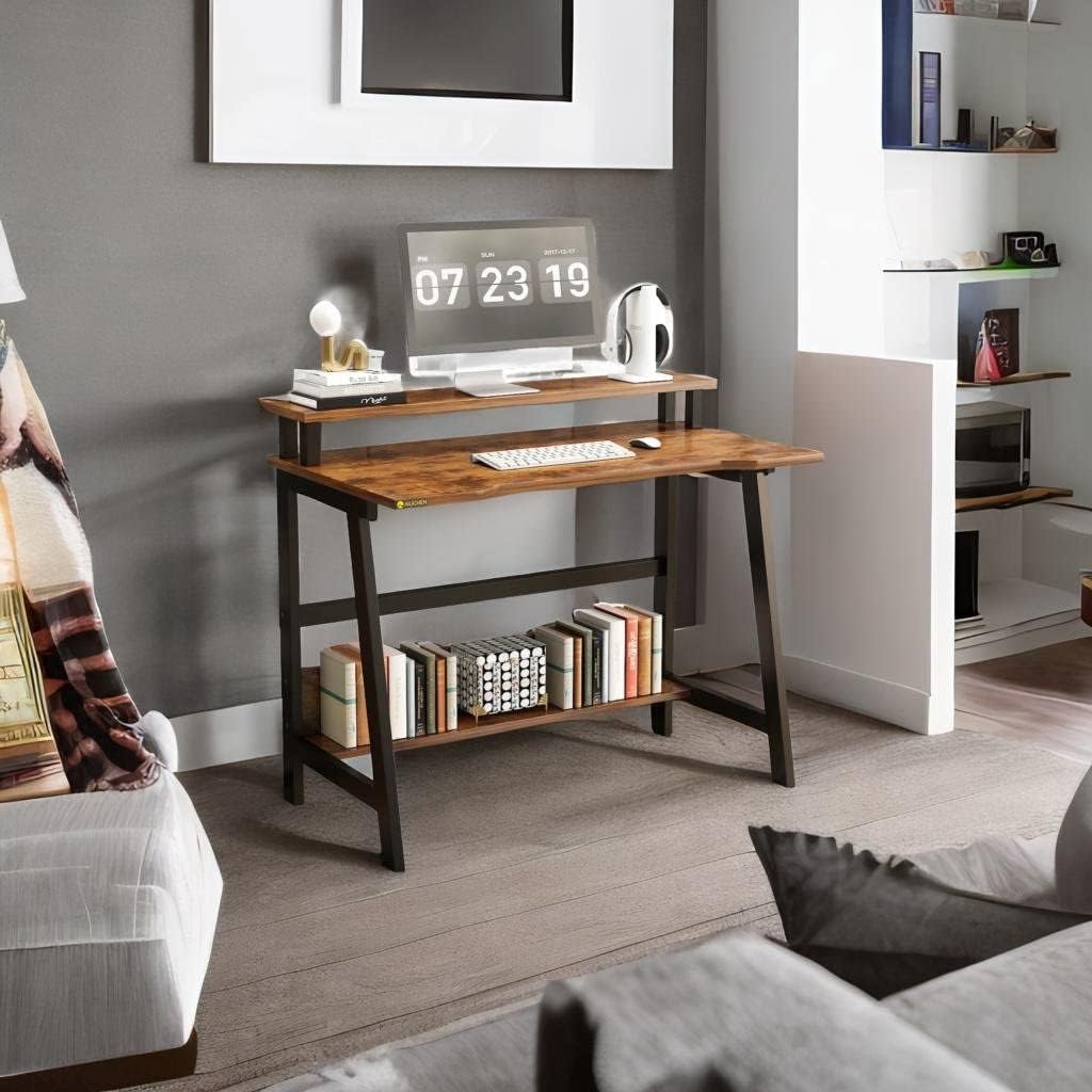 ALISENED Small Computer Desk，31.5 Inch Sturdy Writing Desk with Bookshelf Study Table Desk with Metal Legs Industrial Table with Monitor for Home Office for Small Space