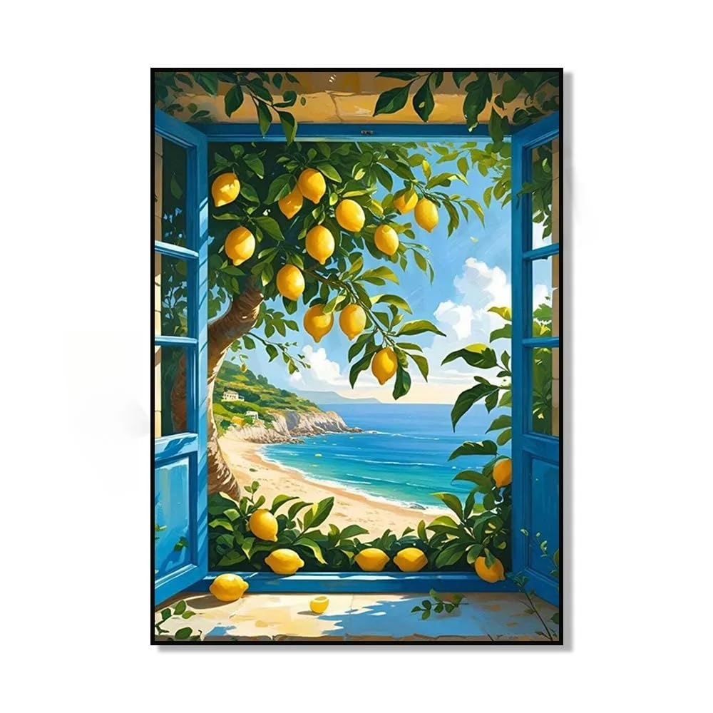 Dittelle Stampa su tela moderna con finestra mediterranea e limoni, poster di alberi di limoni costieri per l'arredamento estivo del soggiorno (30x40 cm/cornice interna)