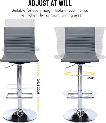 Miniatura 7 de Juego de 3 taburetes de bar de metal ajustables en altura, taburete moderno de piel sintética gris con base cromada para isla de cocina, bar,
